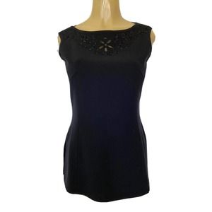 Escada Wool Top Blouse Sleeveless Navy Blue Embroidered Eyelet Boat Neck…